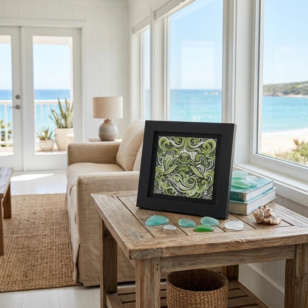 3D Printed Sea Turtle Art, Coastal Beach Decor, HueForge Filament Painting, Shadowbox Style (5x5) — 3D printed by Space Coast Designs